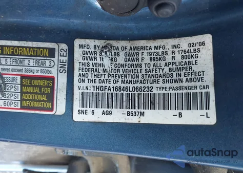 2006 Honda Civic Ex from USA, damaged, VIN 1HGFA16846L066232